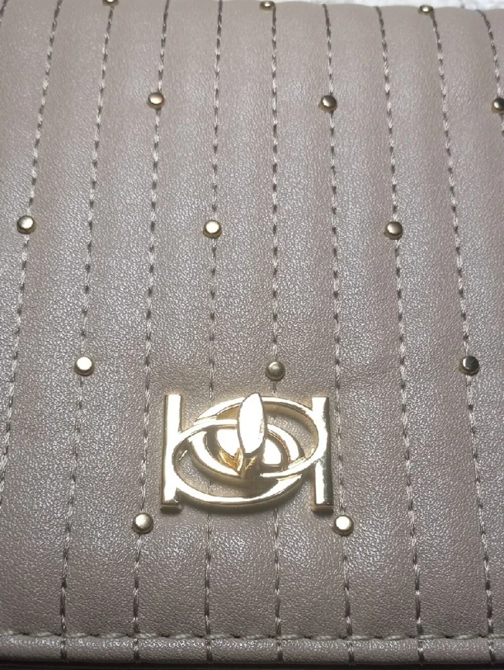 Bebe Quilted Taupe Crossbody with Gold Chain